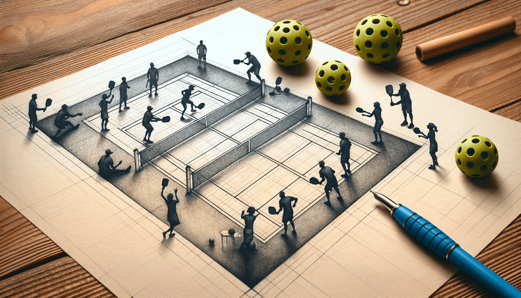 Hand drawn people who are shaded figures playing pickleball with real balls around them